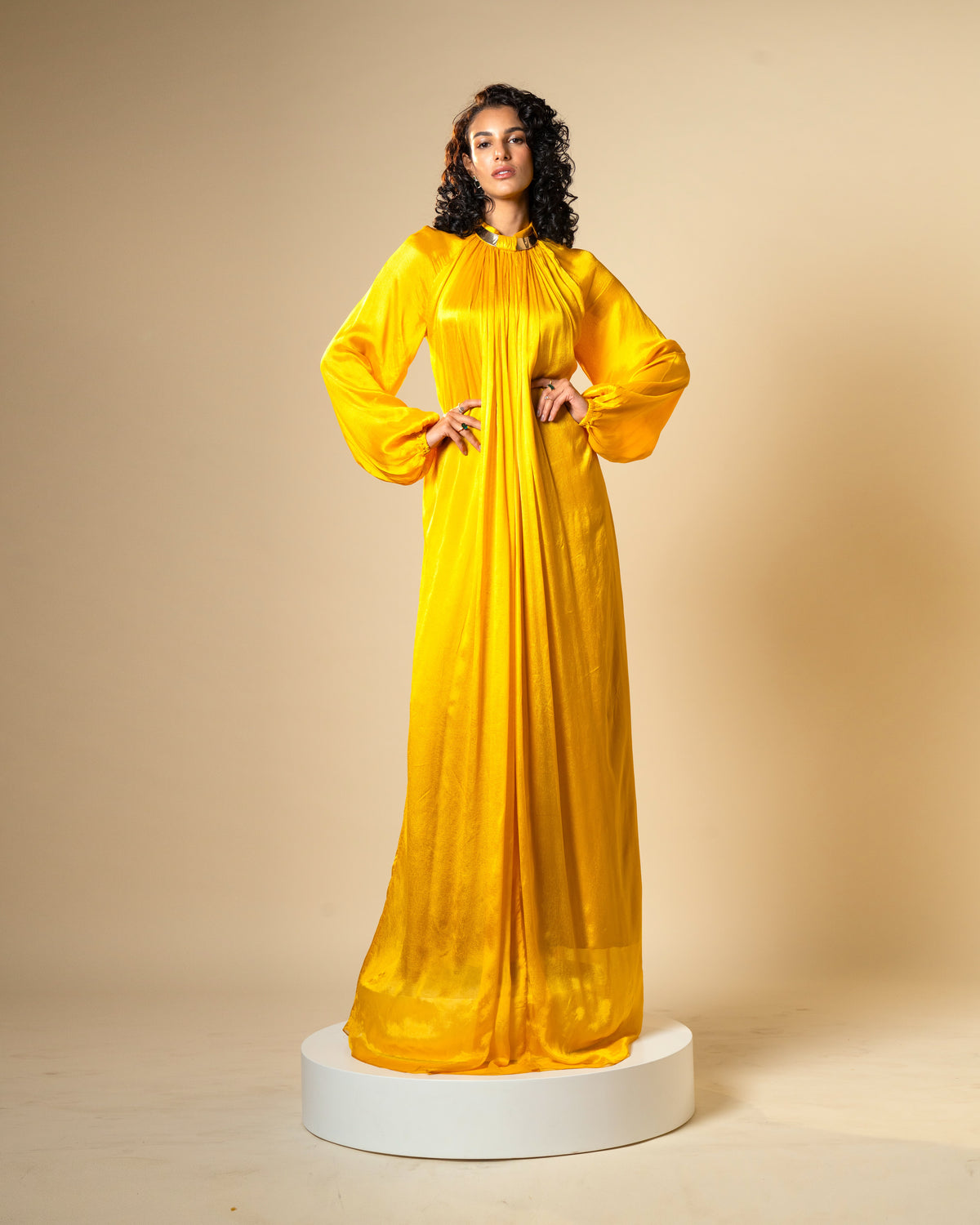 Falling Spell - Sunflower Yellow Chiffon Maxi Dress with Sculptural Gold Neck Detail