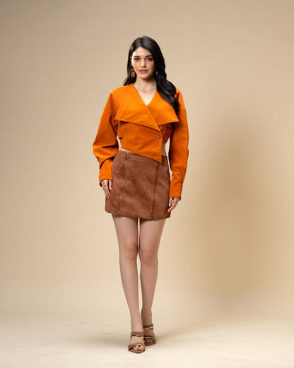 Copper Core Burnt Orange Faux Leather Jacket and Brown Suede Mini Skirt Co-Ord Set
