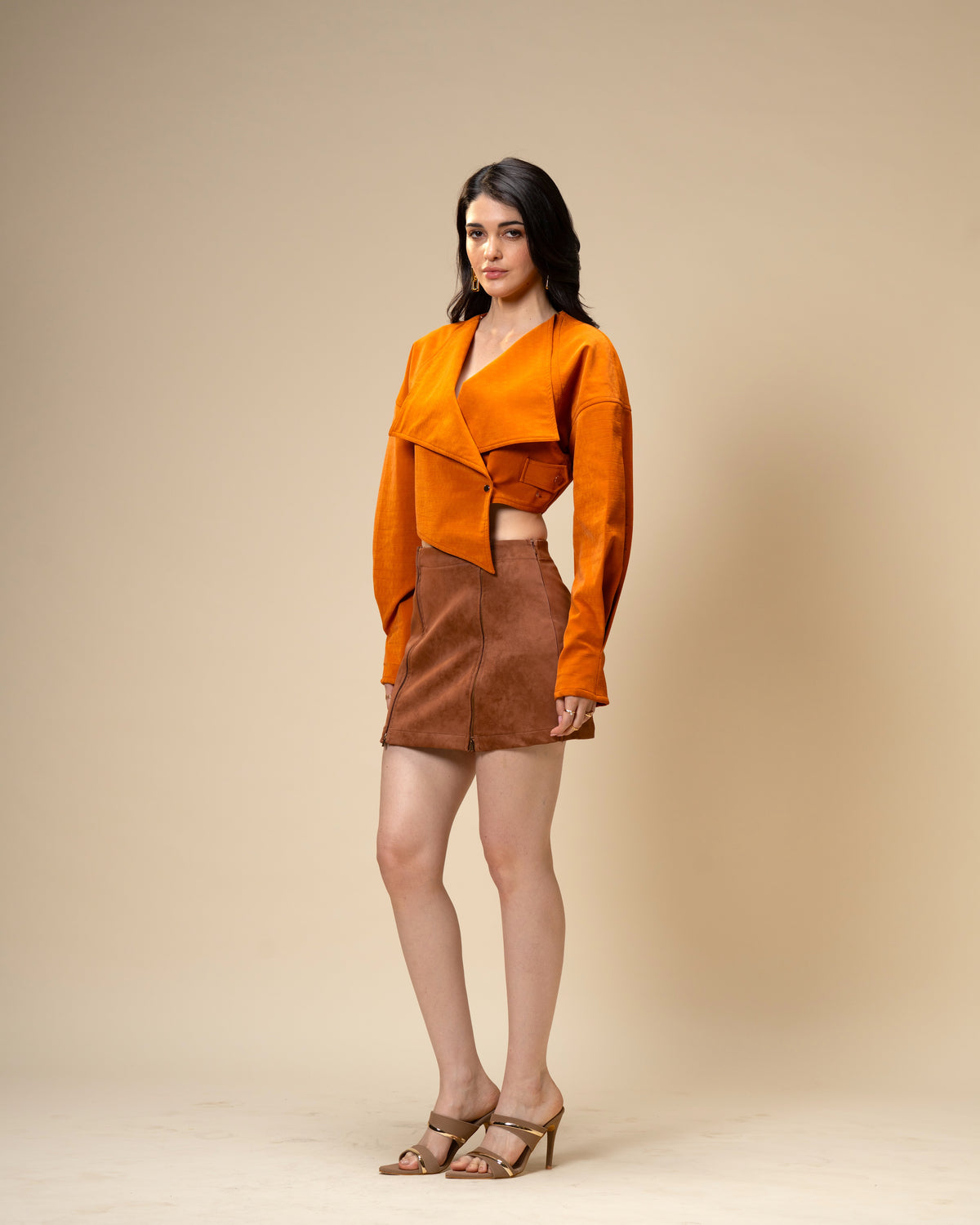 Copper Core Burnt Orange Faux Leather Jacket and Brown Suede Mini Skirt Co-Ord Set