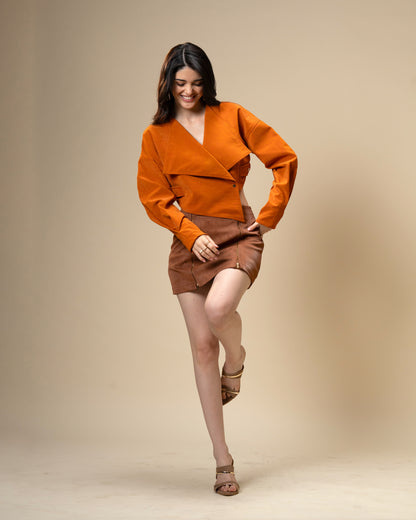 Copper Core Burnt Orange Faux Leather Jacket and Brown Suede Mini Skirt Co-Ord Set