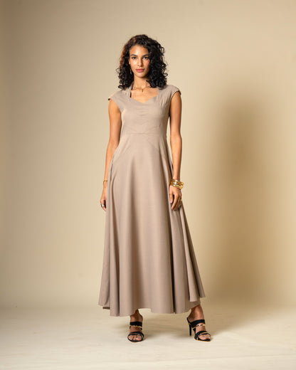 Quiet Arc Taupe Structural Midi Dress