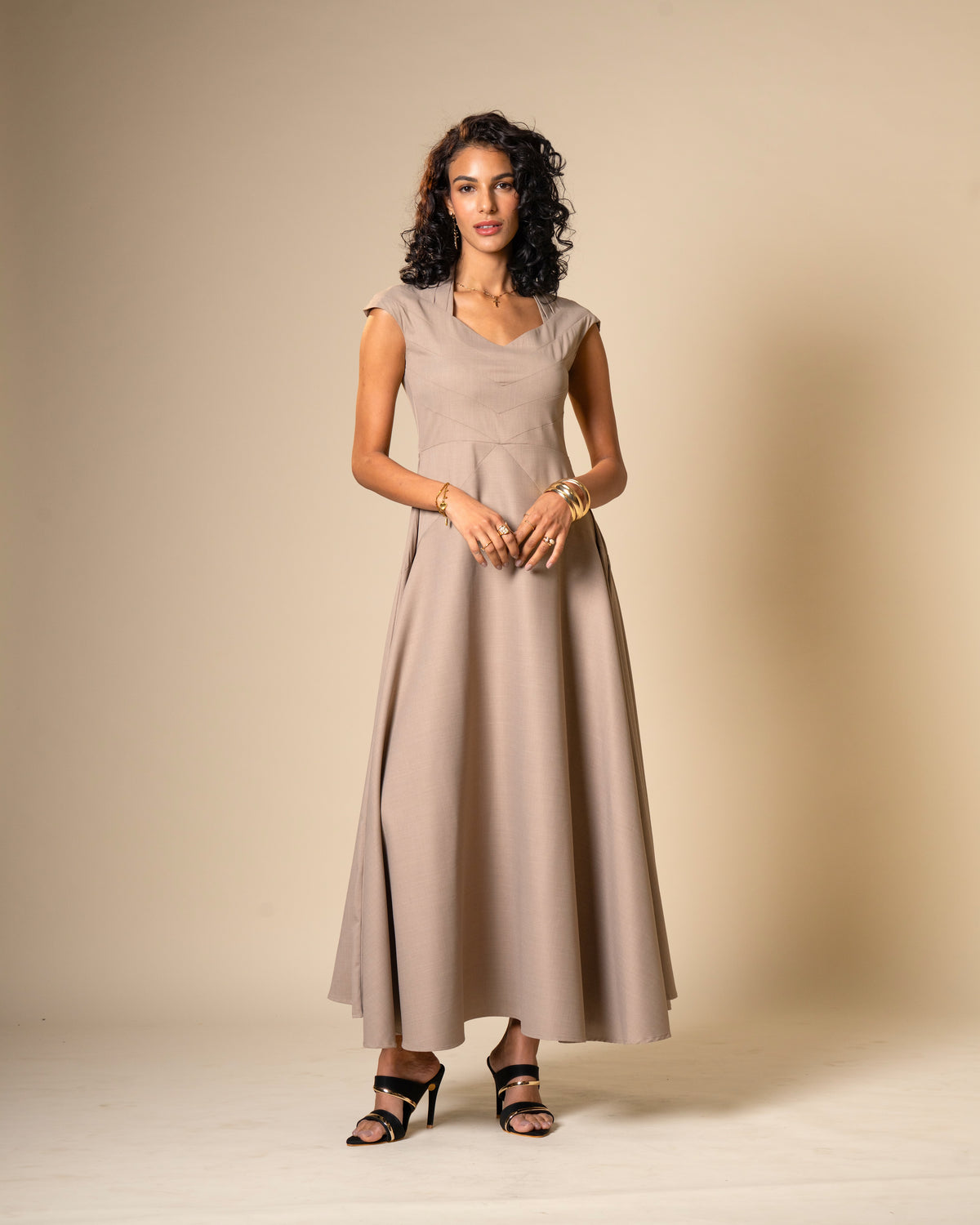 Quiet Arc Taupe Structural Midi Dress