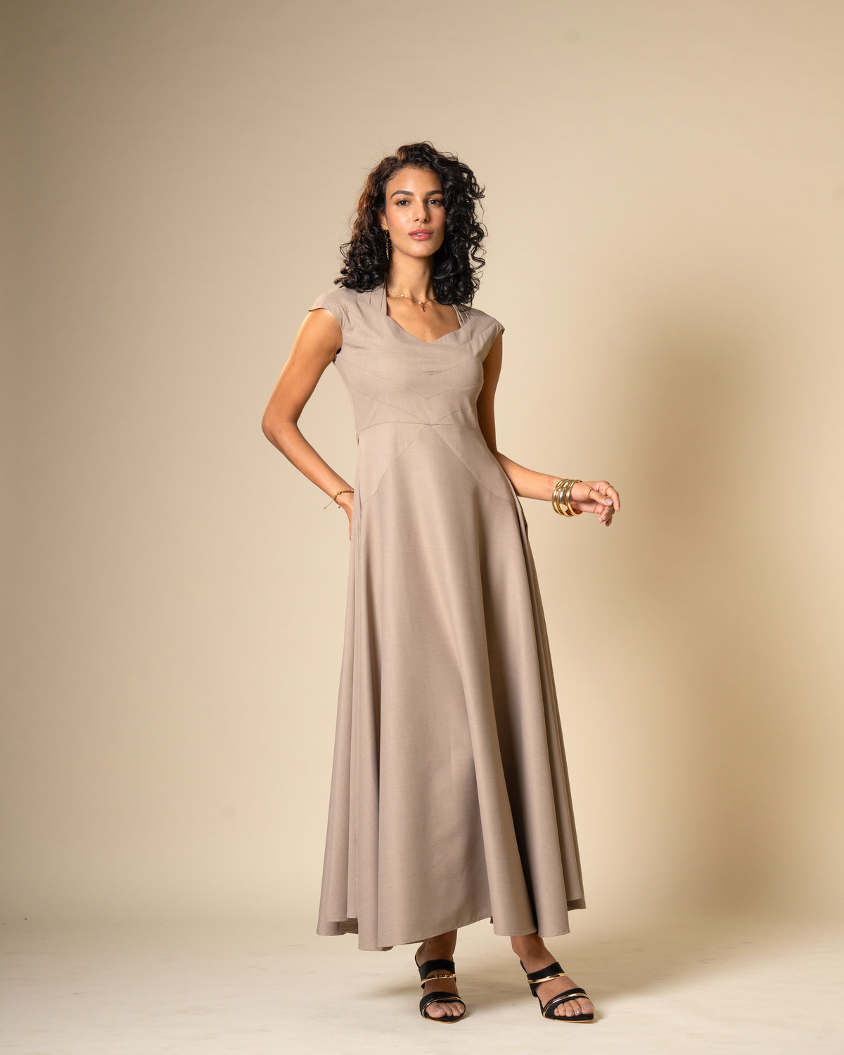 Quiet Arc Taupe Structural Midi Dress
