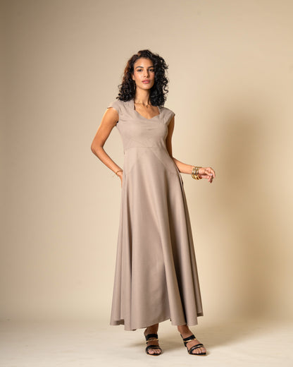 Quiet Arc Taupe Structural Midi Dress