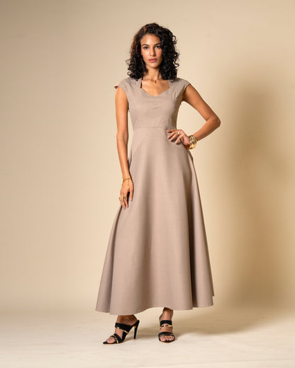 Quiet Arc Taupe Structural Midi Dress