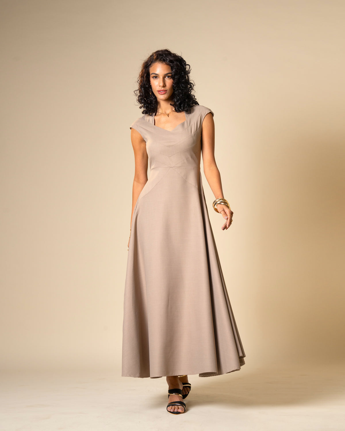 Quiet Arc Taupe Structural Midi Dress