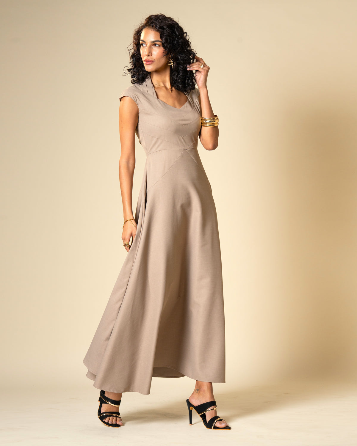 Quiet Arc Taupe Structural Midi Dress