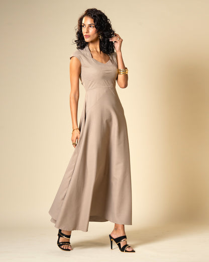 Quiet Arc Taupe Structural Midi Dress