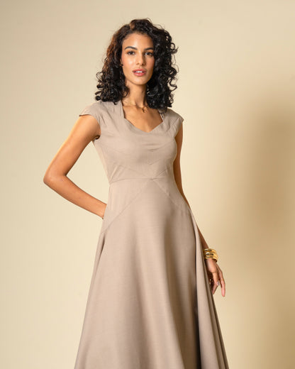 Quiet Arc Taupe Structural Midi Dress