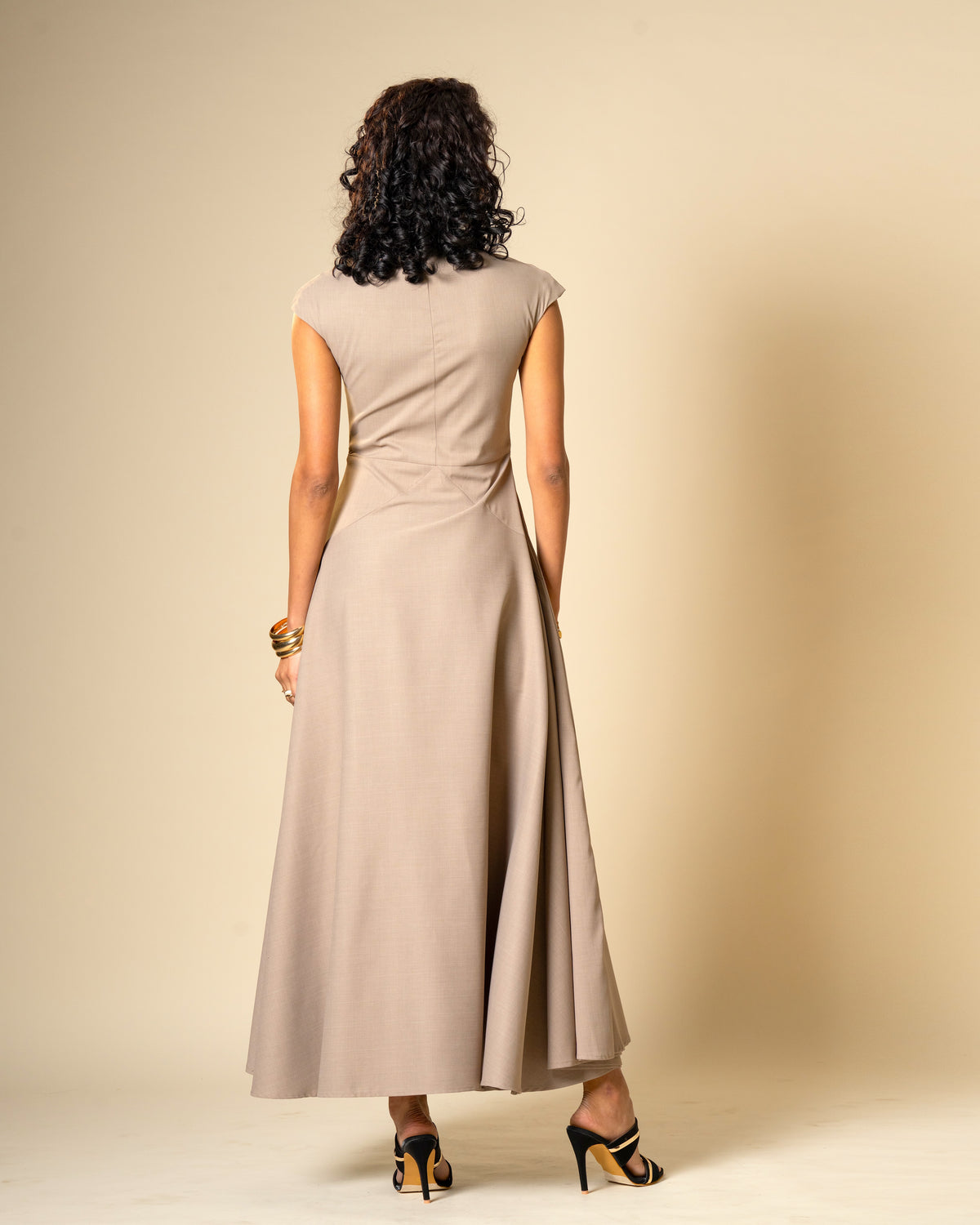 Quiet Arc Taupe Structural Midi Dress