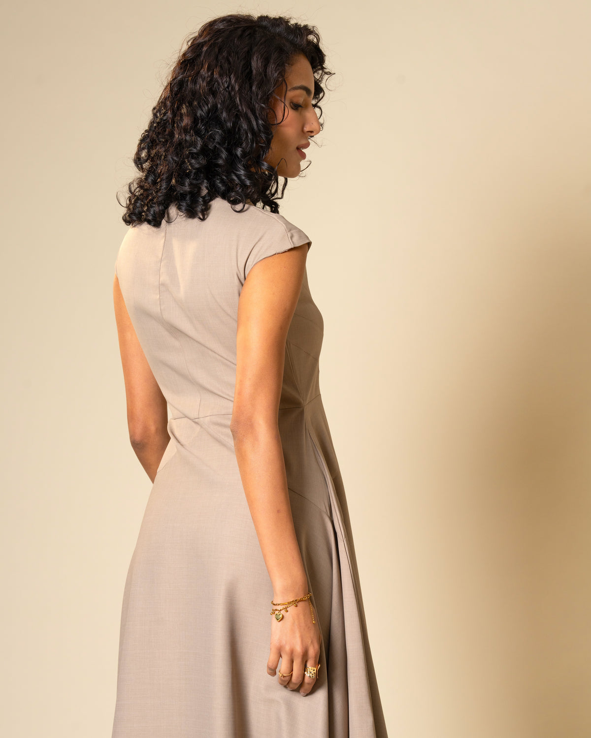 Quiet Arc Taupe Structural Midi Dress