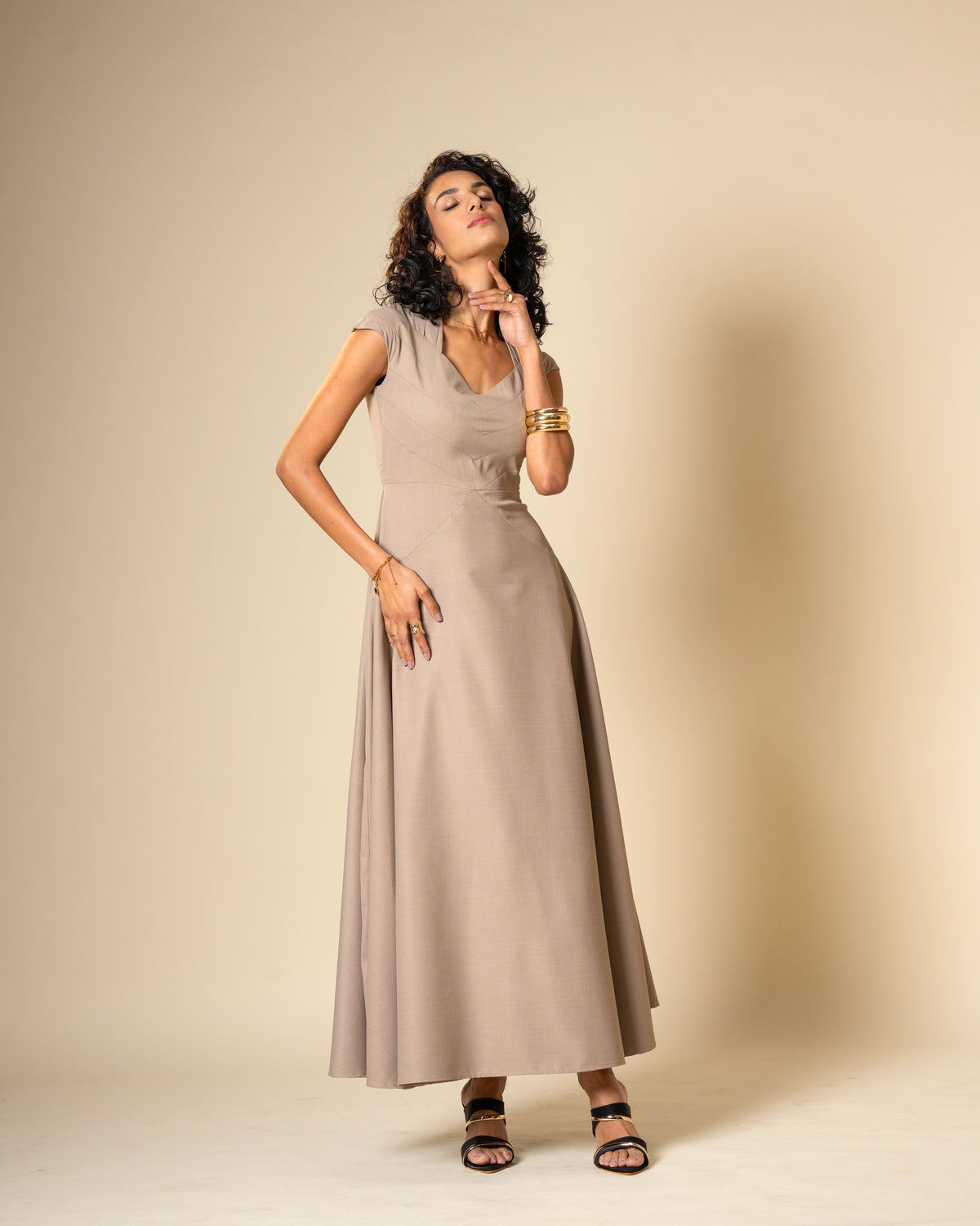 Quiet Arc Taupe Structural Midi Dress