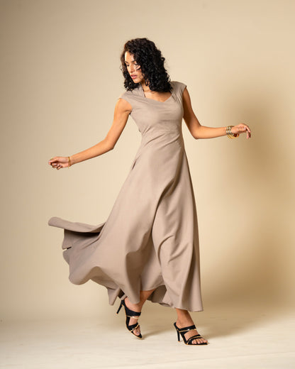 Quiet Arc Taupe Structural Midi Dress