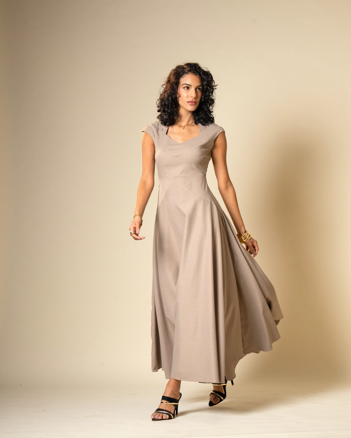 Quiet Arc Taupe Structural Midi Dress