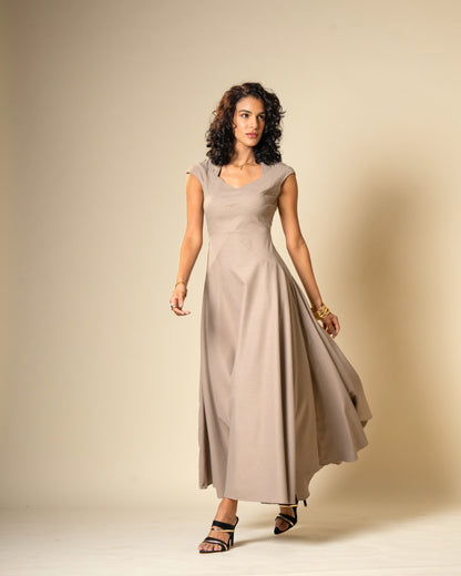Quiet Arc Taupe Structural Midi Dress