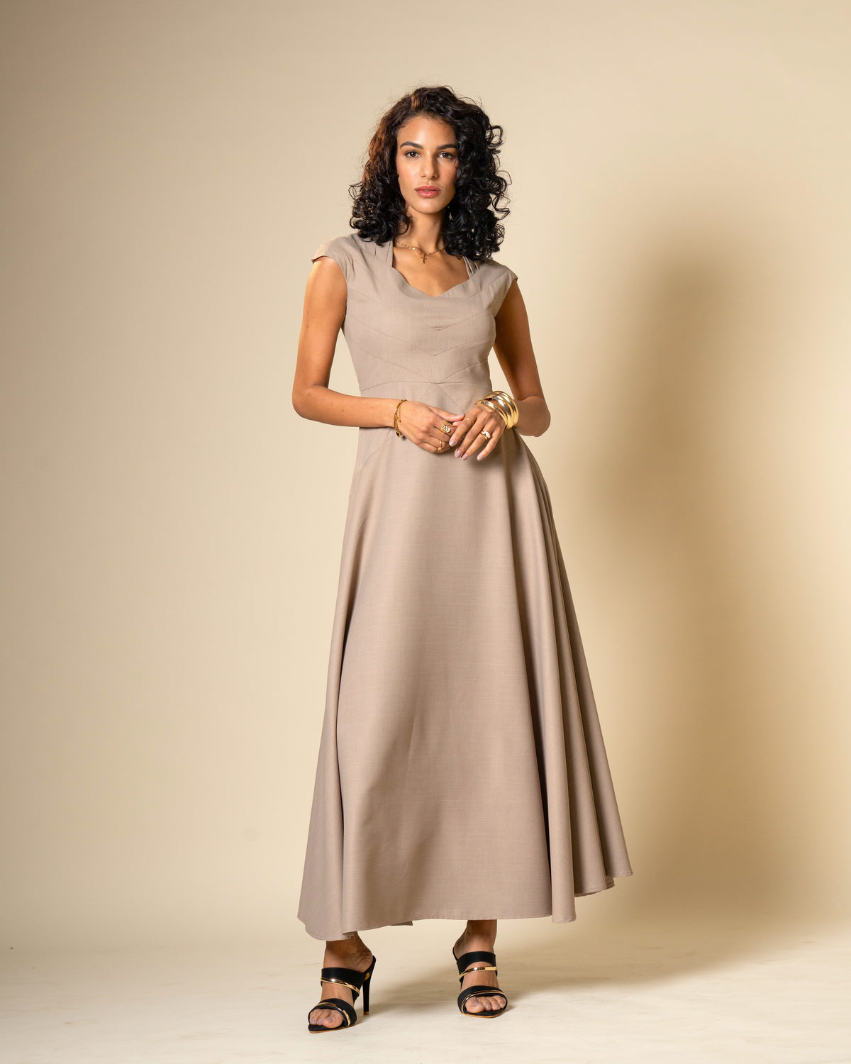 Quiet Arc Taupe Structural Midi Dress