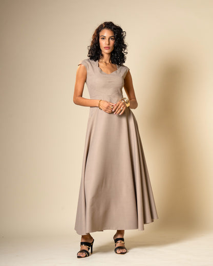 Quiet Arc Taupe Structural Midi Dress