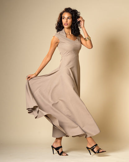 Quiet Arc Taupe Structural Midi Dress