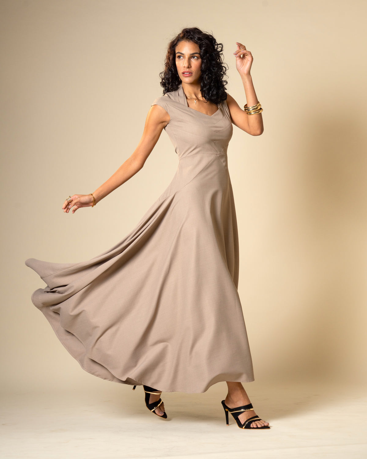 Quiet Arc Taupe Structural Midi Dress