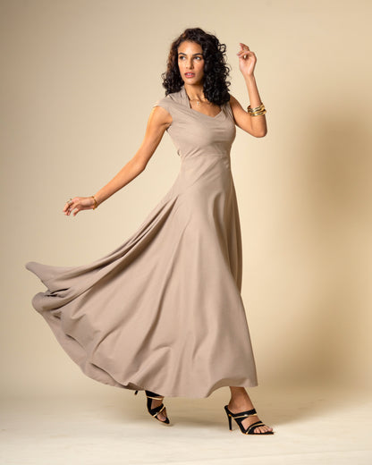 Quiet Arc Taupe Structural Midi Dress