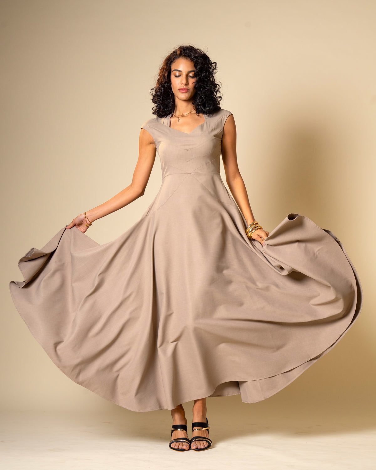 Quiet Arc Taupe Structural Midi Dress
