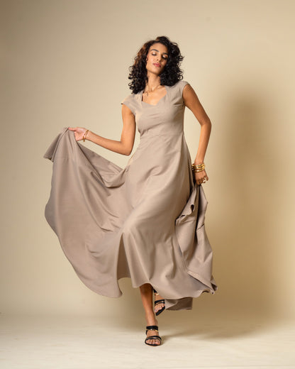Quiet Arc Taupe Structural Midi Dress