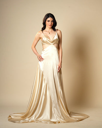 Liquid Gold Champagne Satin Gown with Sculptural Metal Gold Shoulder Detail