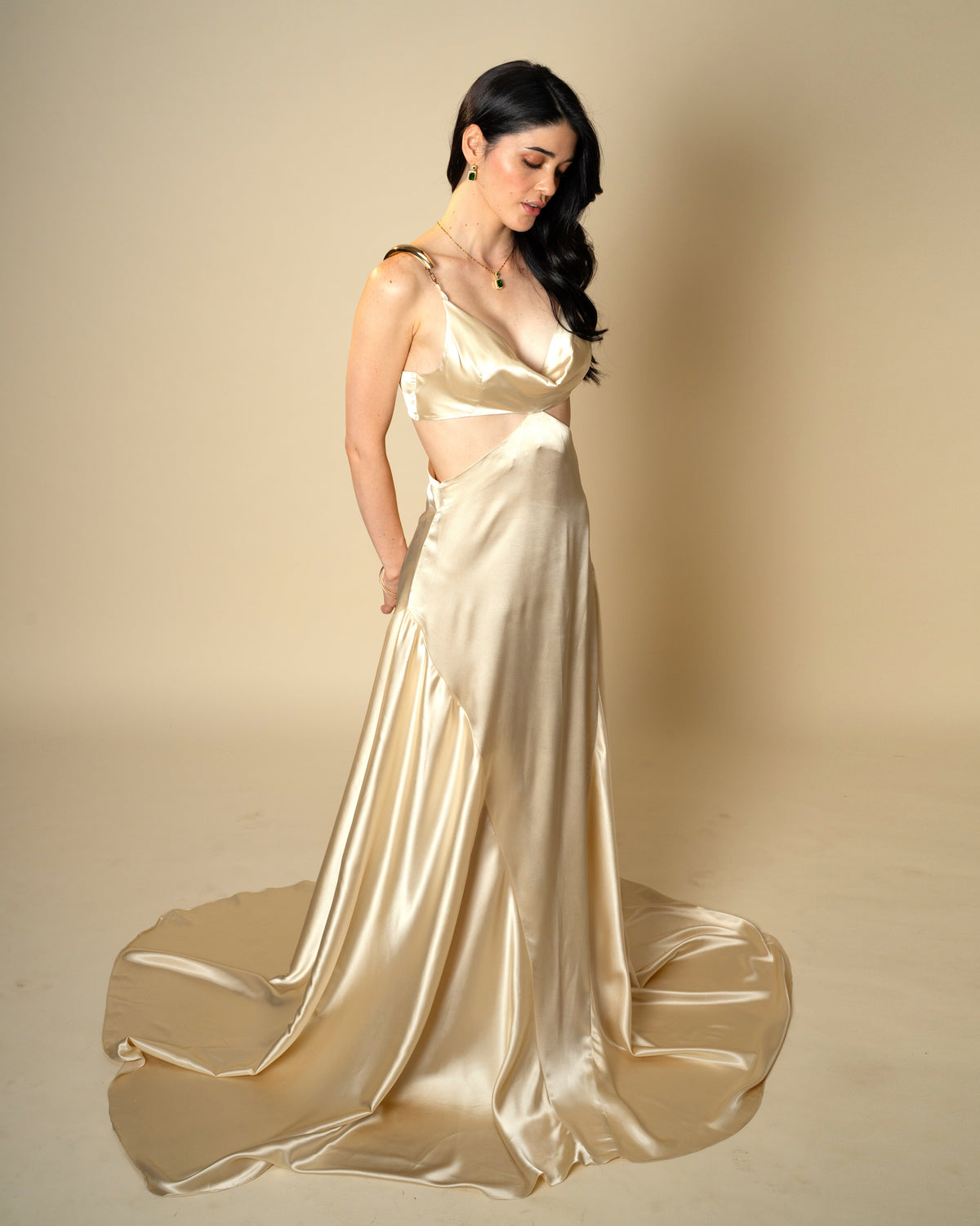 Liquid Gold Champagne Satin Gown with Sculptural Metal Gold Shoulder Detail