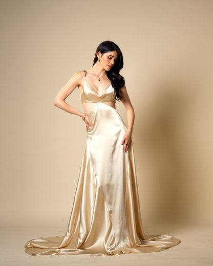Liquid Gold Champagne Satin Gown with Sculptural Metal Gold Shoulder Detail