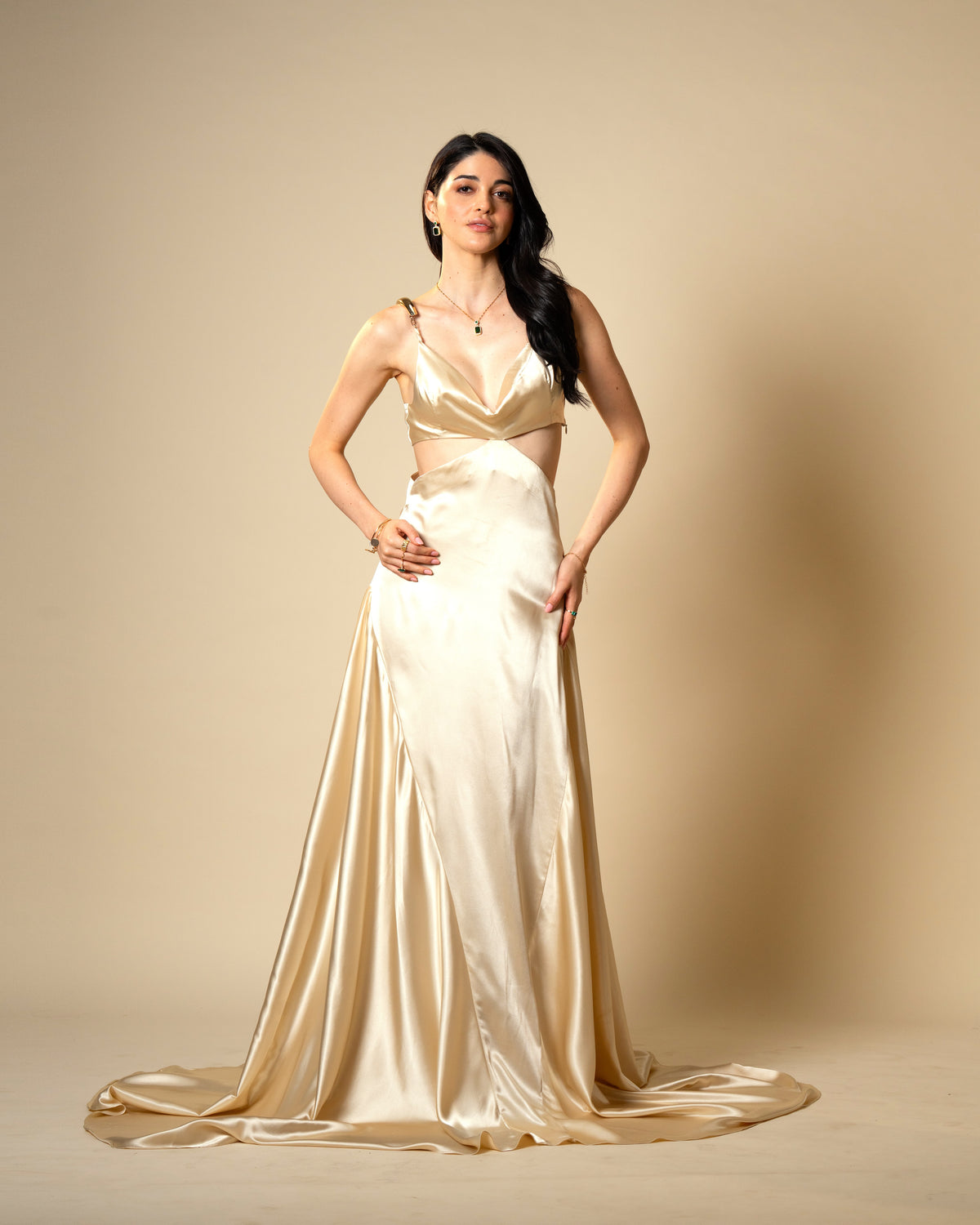 Liquid Gold Champagne Satin Gown with Sculptural Metal Gold Shoulder Detail