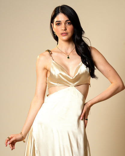 Liquid Gold Champagne Satin Gown with Sculptural Metal Gold Shoulder Detail