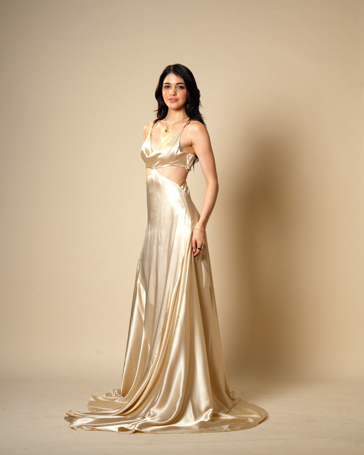 Liquid Gold Champagne Satin Gown with Sculptural Metal Gold Shoulder Detail