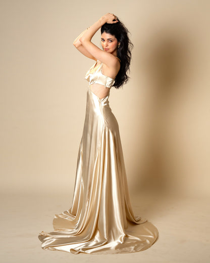 Liquid Gold Champagne Satin Gown with Sculptural Metal Gold Shoulder Detail