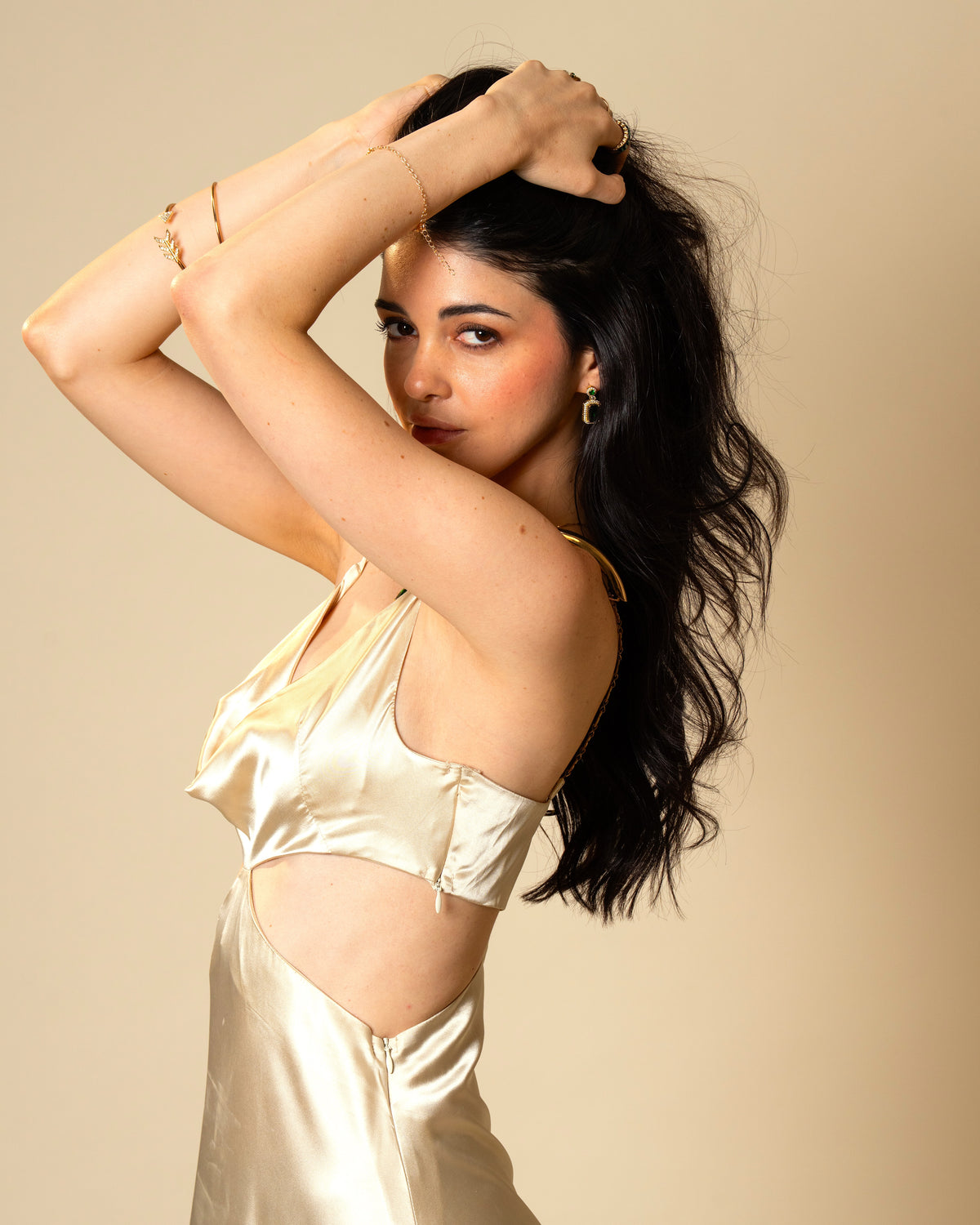 Liquid Gold Champagne Satin Gown with Sculptural Metal Gold Shoulder Detail