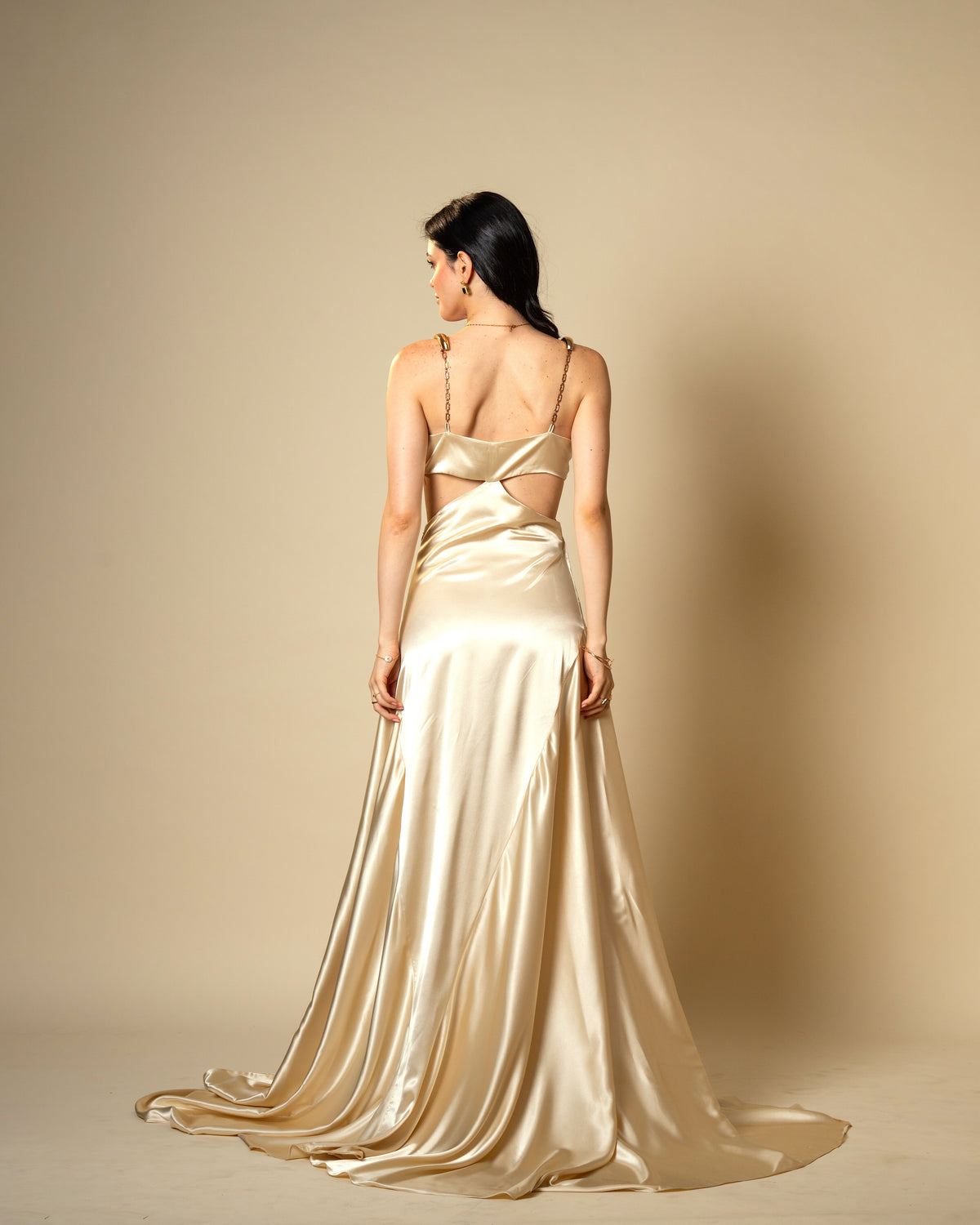 Liquid Gold Champagne Satin Gown with Sculptural Metal Gold Shoulder Detail