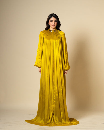 Falling Spell - Green Gold Chiffon Maxi Dress with Sculptural Gold Neck Detail