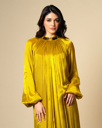 Falling Spell - Green Gold Chiffon Maxi Dress with Sculptural Gold Neck Detail
