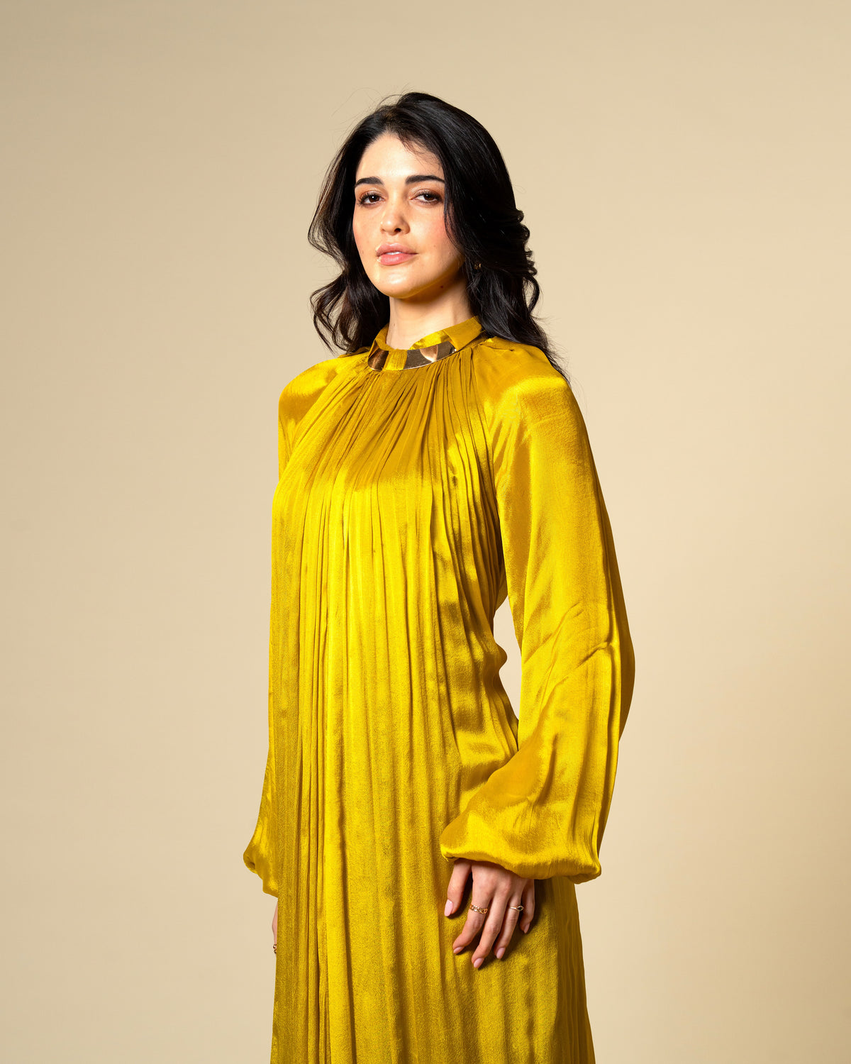 Falling Spell - Green Gold Chiffon Maxi Dress with Sculptural Gold Neck Detail