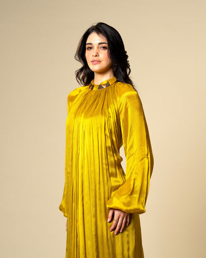 Falling Spell - Green Gold Chiffon Maxi Dress with Sculptural Gold Neck Detail