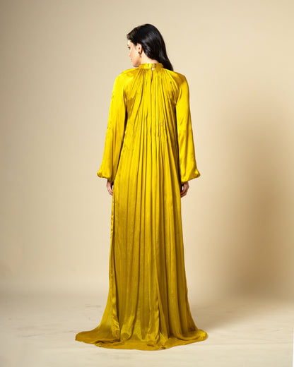 Falling Spell - Green Gold Chiffon Maxi Dress with Sculptural Gold Neck Detail