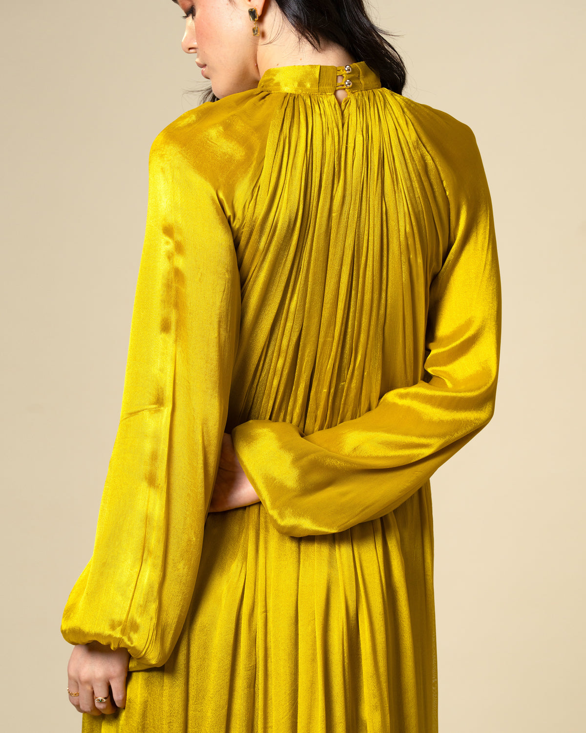 Falling Spell - Green Gold Chiffon Maxi Dress with Sculptural Gold Neck Detail