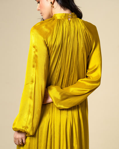 Falling Spell - Green Gold Chiffon Maxi Dress with Sculptural Gold Neck Detail