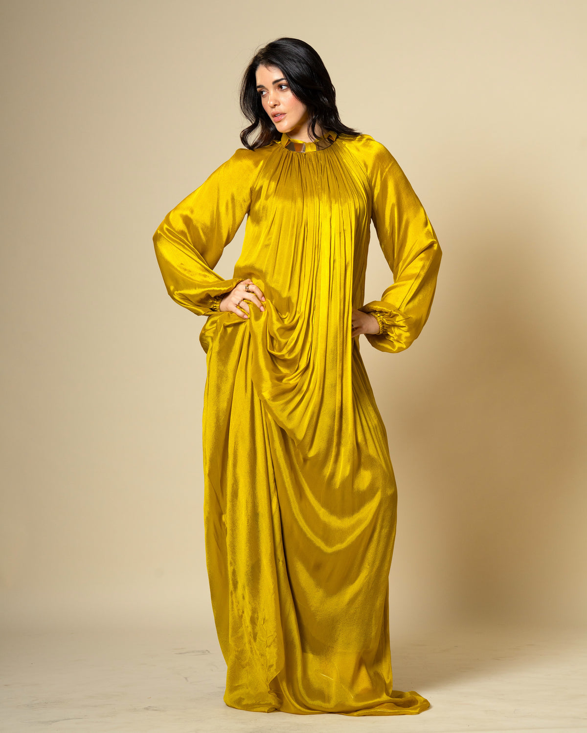 Falling Spell - Green Gold Chiffon Maxi Dress with Sculptural Gold Neck Detail