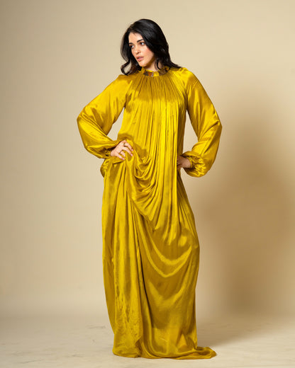 Falling Spell - Green Gold Chiffon Maxi Dress with Sculptural Gold Neck Detail