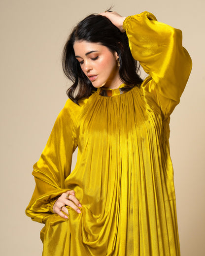 Falling Spell - Green Gold Chiffon Maxi Dress with Sculptural Gold Neck Detail