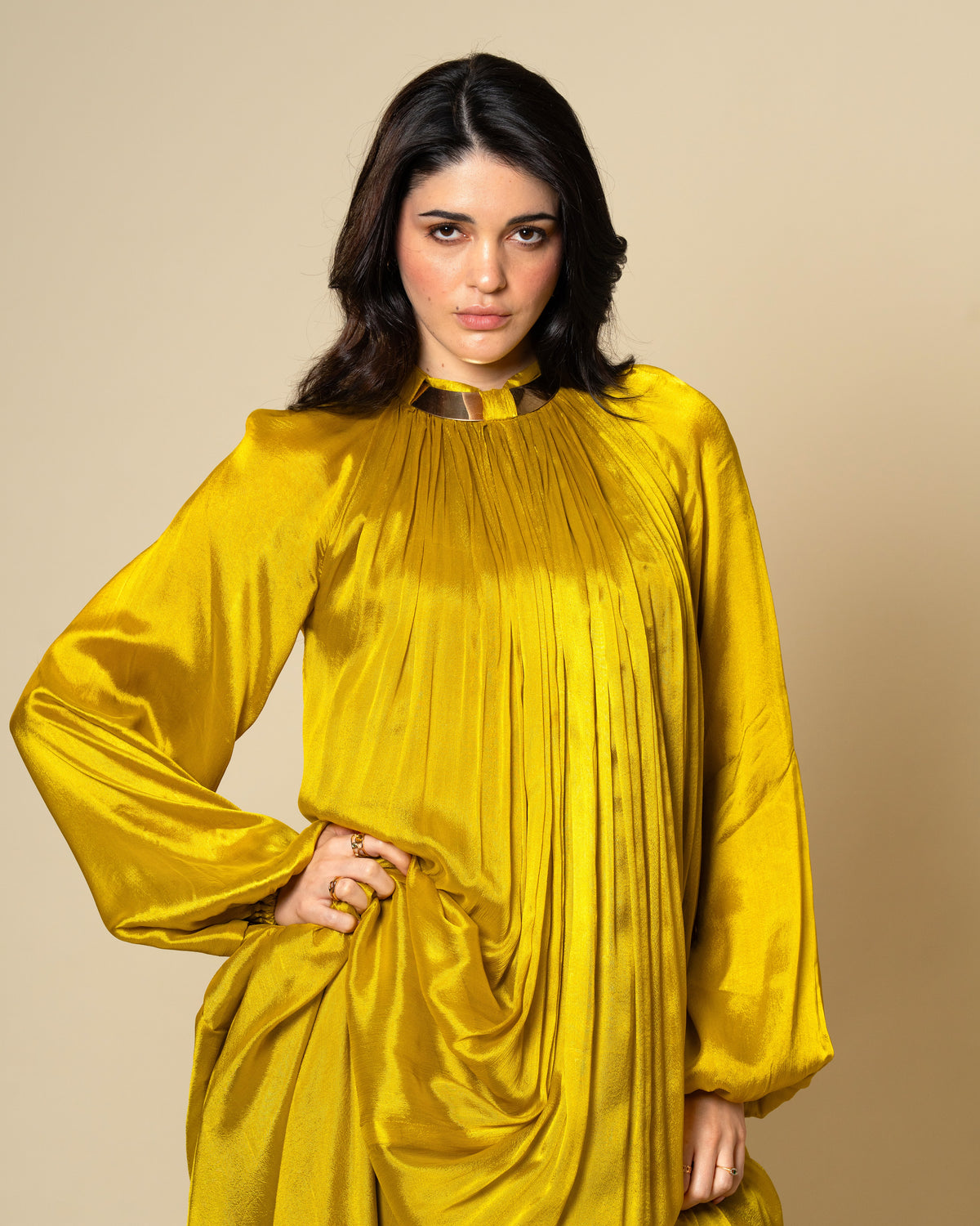 Falling Spell - Green Gold Chiffon Maxi Dress with Sculptural Gold Neck Detail