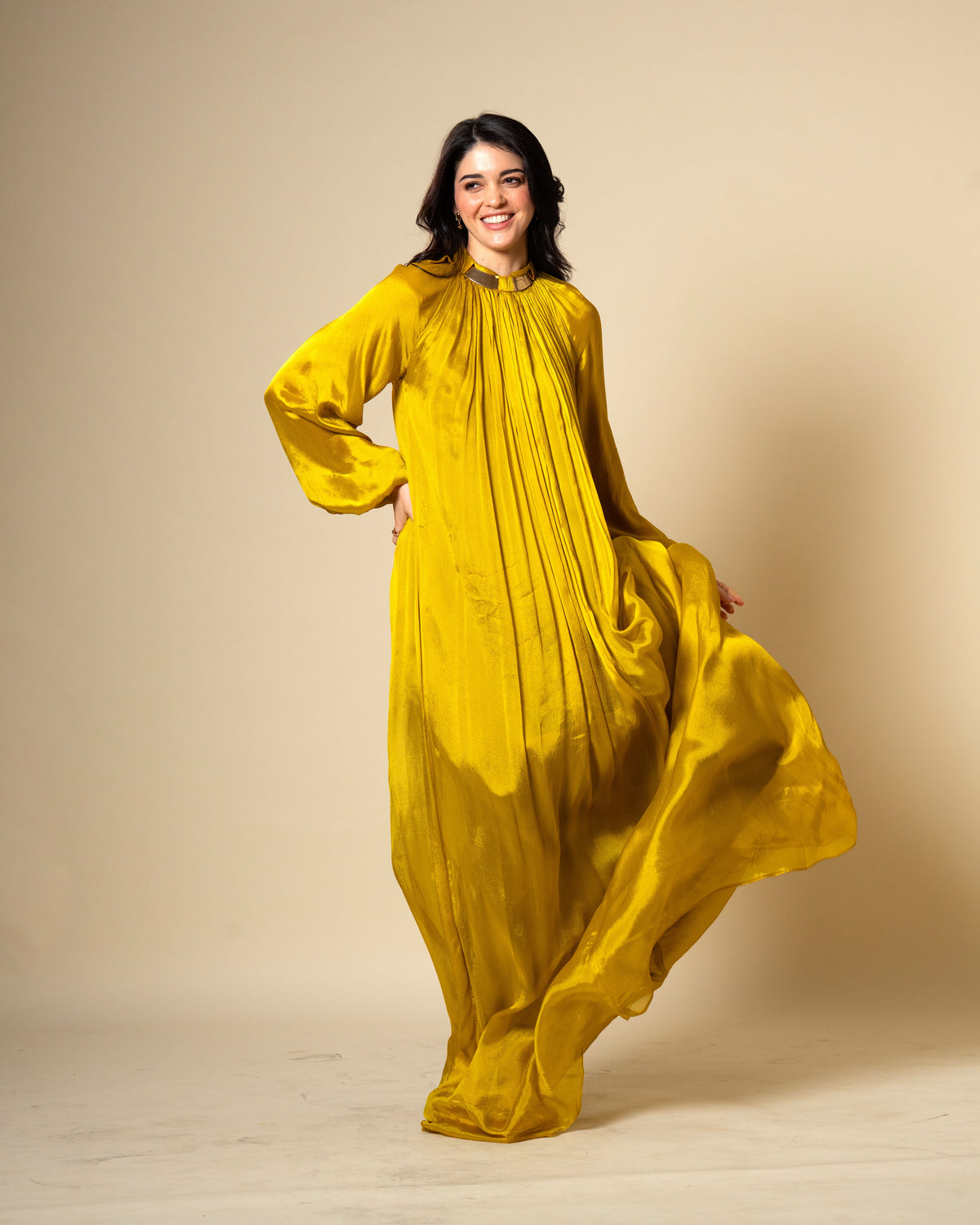 Falling Spell - Green Gold Chiffon Maxi Dress with Sculptural Gold Neck Detail