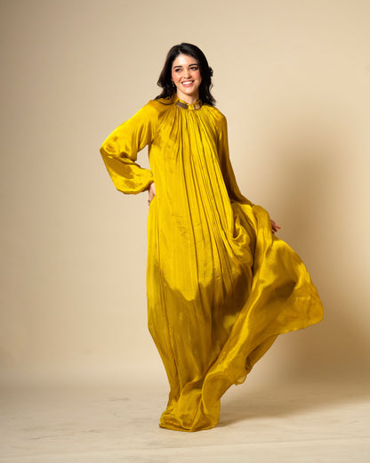 Falling Spell - Green Gold Chiffon Maxi Dress with Sculptural Gold Neck Detail