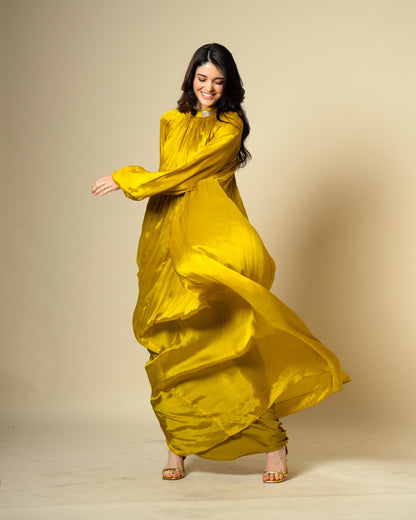 Falling Spell - Green Gold Chiffon Maxi Dress with Sculptural Gold Neck Detail