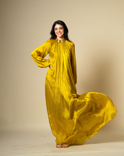 Falling Spell - Green Gold Chiffon Maxi Dress with Sculptural Gold Neck Detail